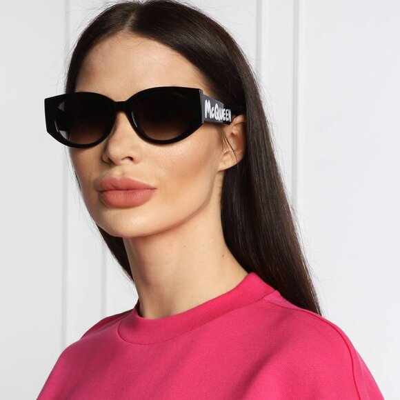 Alexander McQueen AM0330S 001 Sunglasses Black Oval Frame, Grey Lenses - Picture 1 of 9